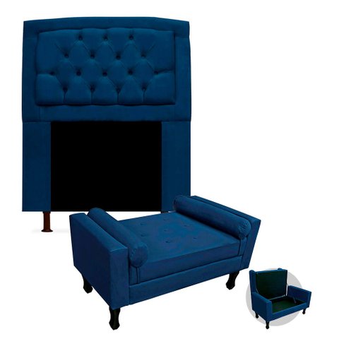 Kit Cabeceira Geovana + Calçadeira Baú Felix Solteiro 100cm Suede - Ecotec Decor:Azul Marinho