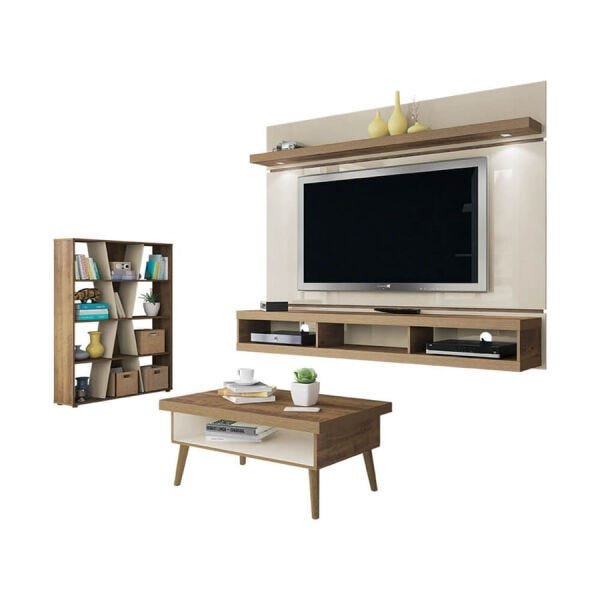 Conjunto Sala de Estar Paloma com Painel para TV até 60 Polegadas + Mesa de Centro com Nicho + Estante com 12 - 1