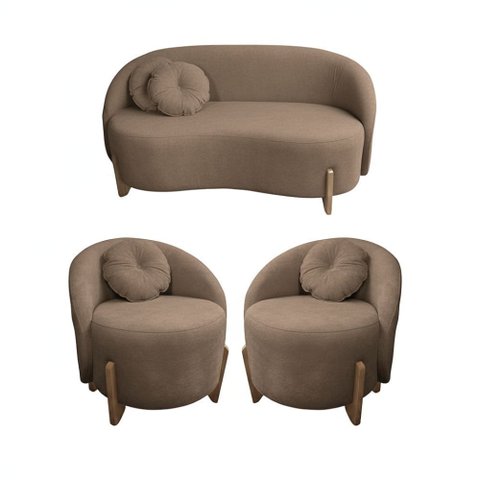 Kit 01 Sofá + 02 Poltronas Orgânicos c/ Almofadas Curvo Sala Recepção Amsterdã Boucle Cappuccino