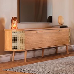 Rack MDF Retrô Curvo Dalla Costa Com Detalhes em Palha 1,80m Cor:Freijó - 4