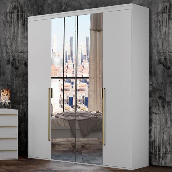 Guarda-Roupa Elisabeth 178,5cm com 4 Portas Articuladas com 2 Espelhada 100% MDF Branco - 10