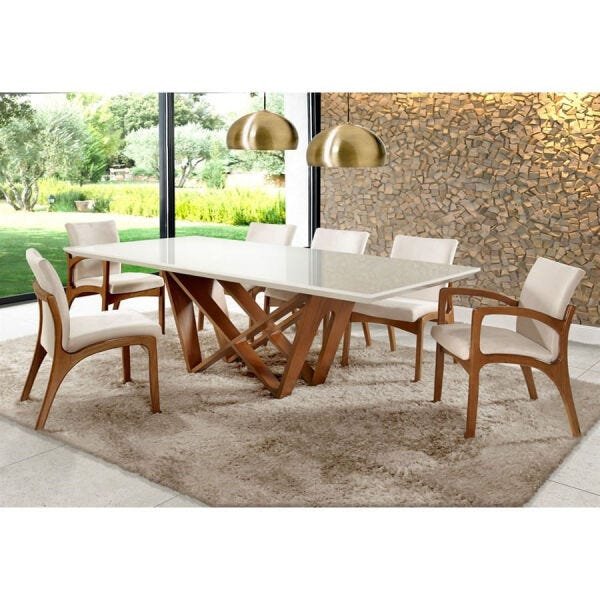 Mesa de Jantar Ajota com Base de Madeira e Tampo em Laca Cupuccino 160x90cm Off-White - 4