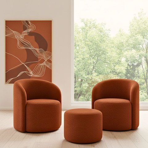 Kit 02 Poltronas Gaia + Puff Living Decorativo Curvo Orgânico Boucle Terracota - Montanaris Decor