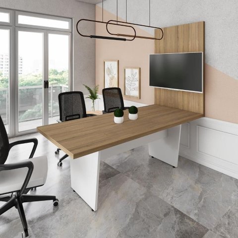 Mesa de Escritório com Painel para TV F5 Moderno sem Gavetas 200cm Macadâmia com Branco
