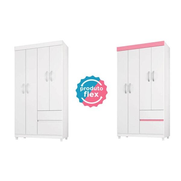 Guarda-Roupa Matizi com 4 Portas e 2 Gavetas Branco / Rosa Flex Dst - 5