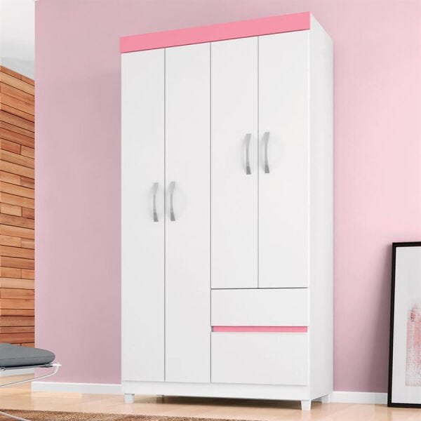 Guarda-Roupa Matizi com 4 Portas e 2 Gavetas Branco / Rosa Flex Dst - 10