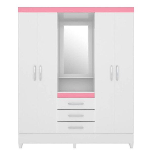 Guarda-Roupa Japela com 4 Portas e 3 Gavetas Branco / Rosa Flex Dst - 3