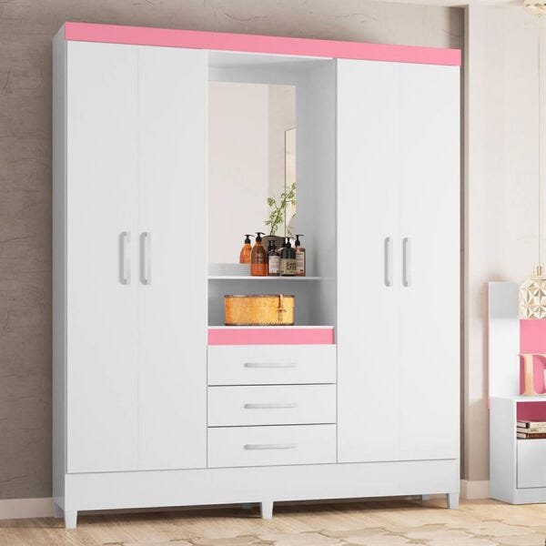 Guarda-Roupa Japela com 4 Portas e 3 Gavetas Branco / Rosa Flex Dst - 10