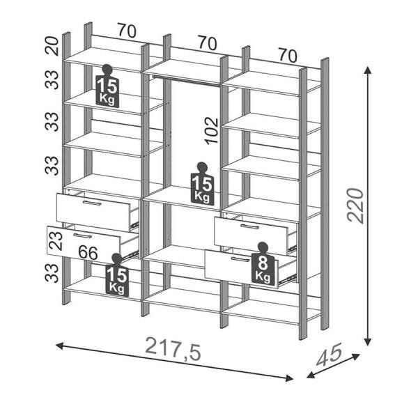 Closet Modulado Hera (L: 217cm) com 4 Gavetas e 12 Prateleiras 100% MDF Freijó / Preto - 7