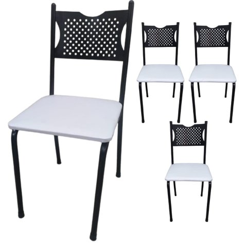 Kit 4 Cadeira para Cozinha Mc Tubular Almofadada Estrutura Preta com Assento Branco Medcombo