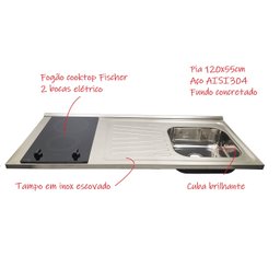 Pia Fogão Elétrico 2 bocas Fabrinox 120x55cm, cuba direita, válvula e sifão - 2