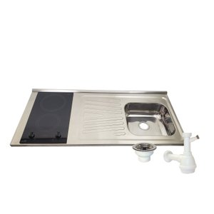 Pia Fogão Elétrico 2 bocas Fabrinox 120x55cm, cuba direita, válvula e sifão