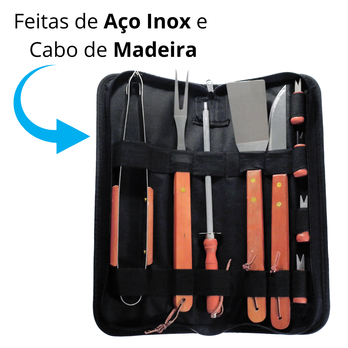 Kit Churrasco Advantage Faqueiro com Maleta Nylon 10 Peças Cabo Longo Madeira Aço Inox - 5