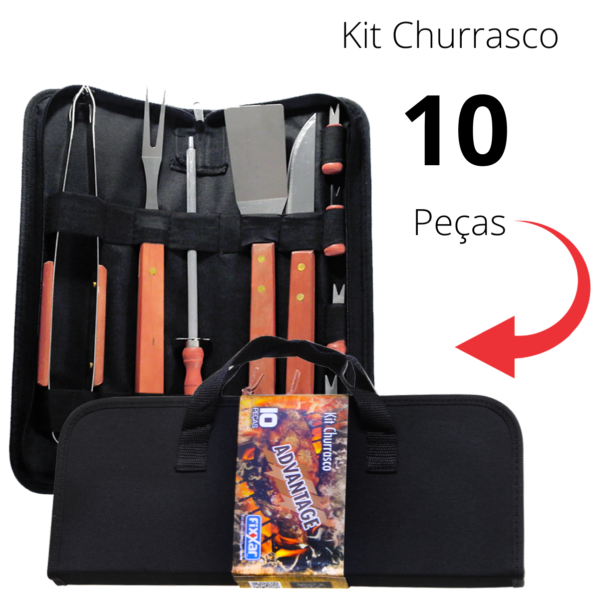 Kit Churrasco Advantage Faqueiro com Maleta Nylon 10 Peças Cabo Longo Madeira Aço Inox - 7