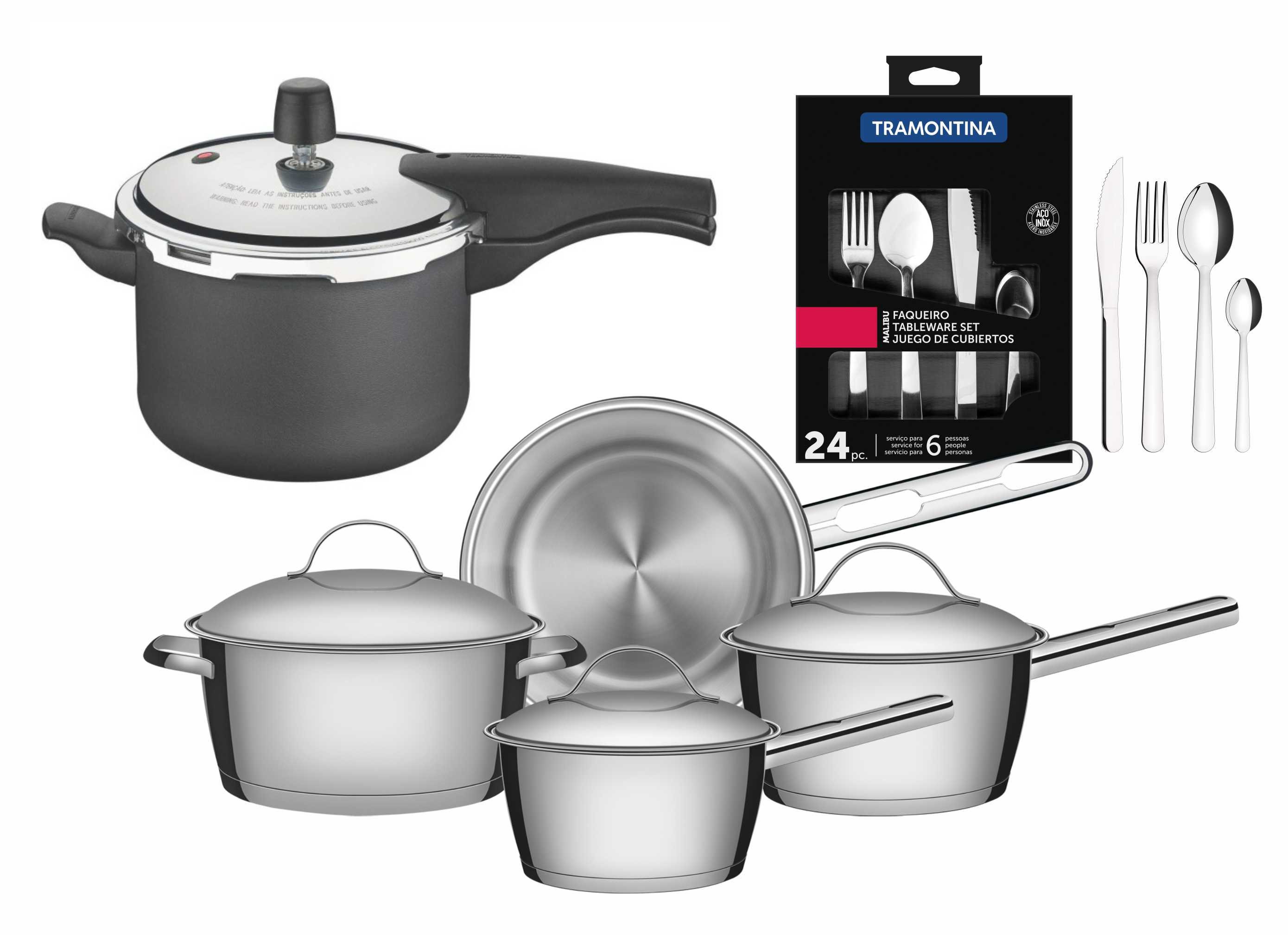 Kit Panelas Inox Tramontina 4 pc com faqueiro e Panela de Pressão Antiaderente. - 1