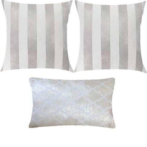 Kit 3 Almofadas Luxo Listrado e Geométrico Branco e Prata Sua Casa Decor Kit 3 Almofadas Composê Bra