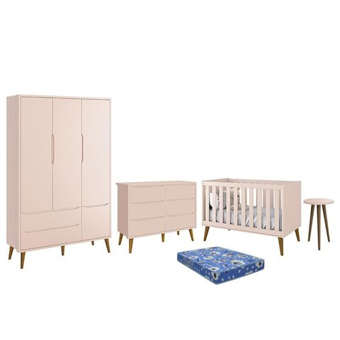 Dormitório Theo 3 Portas, Cômoda 6 Gavetas, Berço, Mesa de Canto Rosa Fosco com Pés Amadeirado e Col