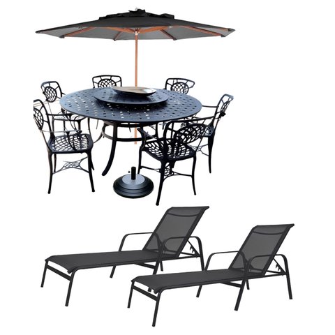 Jogo com Mesa Giratória e 6 Cadeiras Piscina e Jardim + Guarda Sol com Base