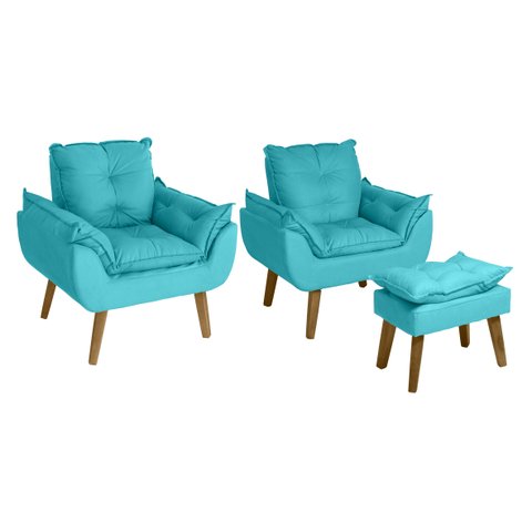 Kit 02 Poltrona/cadeira Decorativa e Puff Glamour Opala com Pés Quadrado Azul Turquesa