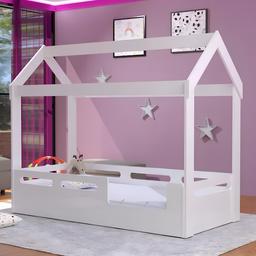 Cama Infantil Montessoriana Solteiro em Mdf com Dossel e Colchão:branco - 3