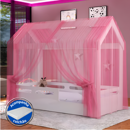 Cama Infantil Montessoriana Solteiro em Mdf com Dossel e Colchão:branco - 1