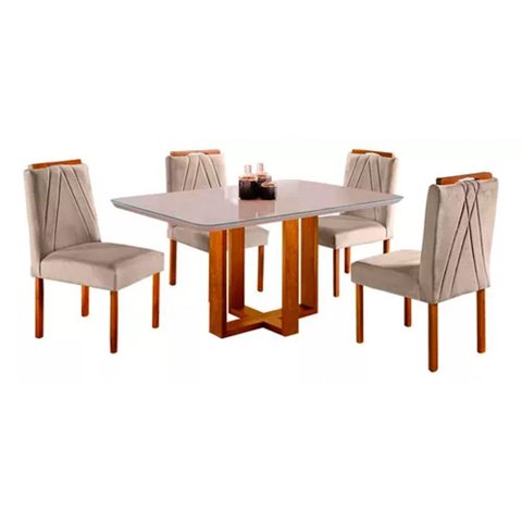 Conjunto Sala de Jantar Mesa 4 Cadeiras Veludo Lisy Tampo C/vidro 120x90 Mundial Móveis