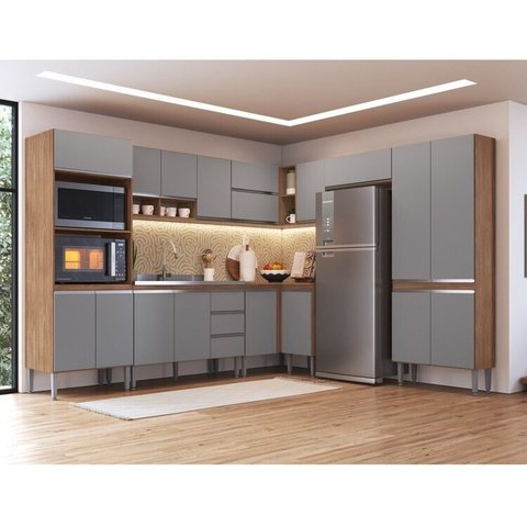 Cozinha 9 Peças 18 Portas Athena Laranja/Freijó/Cinza
