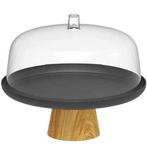 Boleira Cúpula Plástica 25cm com Pé Bambu Lume Preto Prato para Bolo Doces ou