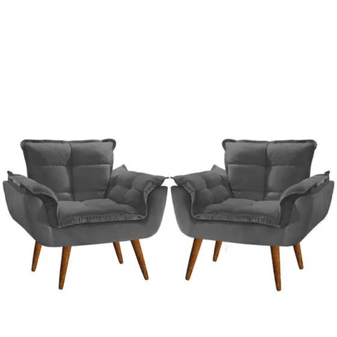 Kit 2 Poltrona Opala Cinza Suede Decorativa para Sala Escritório Biselos-decor