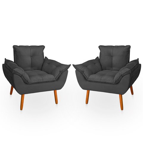 Kit 2 Poltrona Opala Cinza Suede Decorativa para Sala Escritório Biselos-Decor