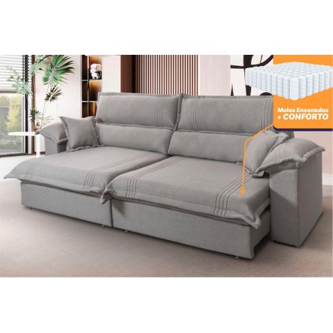 Sofá Retrátil Reclinável 3,00m Nivus Cinza Molas Ensacadas - King House