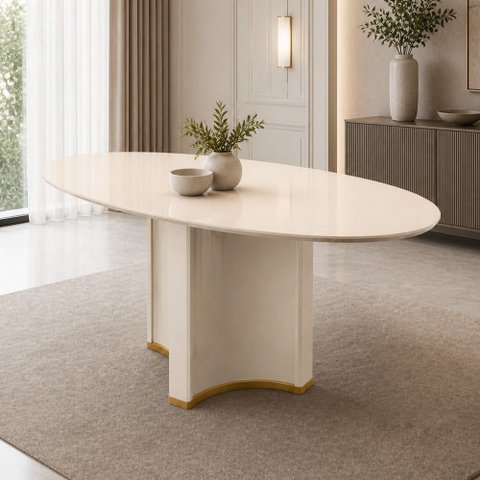 Mesa de Jantar 6 Lugares Orgânica Elipse Tampo com Vidro 183cm Lavie D05 Off White - Lyam Decor
