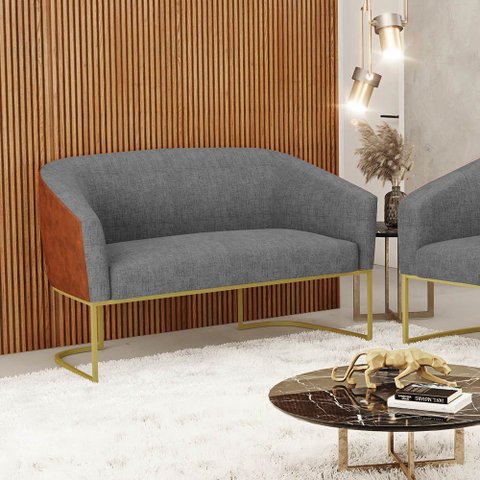 Sofá 2 Lugares Namoradeira Industrial Dourado Stella Noz/linho Grafite D03 - D’Rossi