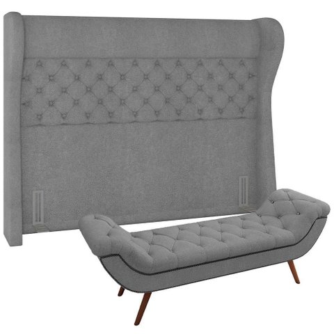 Kit Cabeceira Cama Box Casal 140cm Madrid com Puff Recamier Santorini Bouclê Cinza