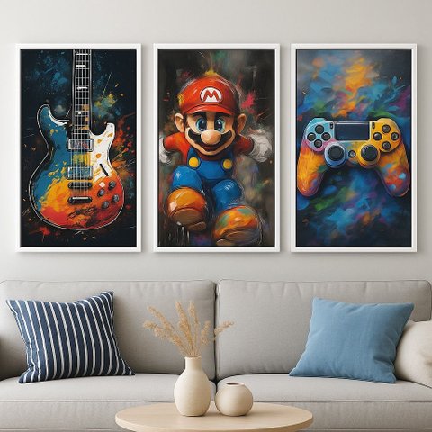 Kit 3 Quadros Canvas Quarto Menino Rock e Gamer-mold.branca:60x40cm