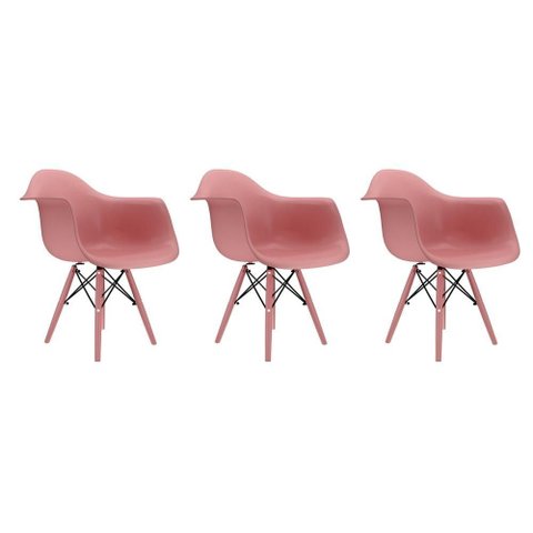 Conjunto 3 Cadeiras Eames com Braço Opala Rosa Pés em Polipropileno