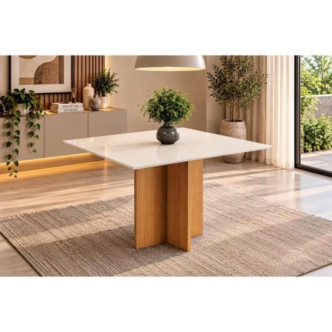 Mesa Jantar Lana Canto Reto c/Vidro 90cm Cinamomo/Of Henn