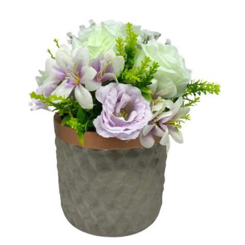 Vaso centro de mesa de cimento trabalhado com arranjo floral