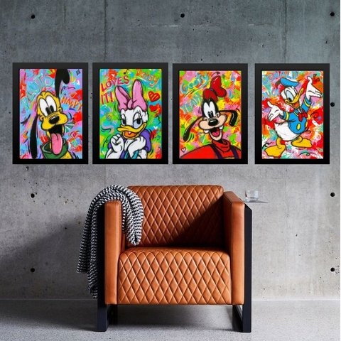 Kit 4 Quadros Grafitte Personagens Infantis 24x18cm - com Vidro:madeira Preta
