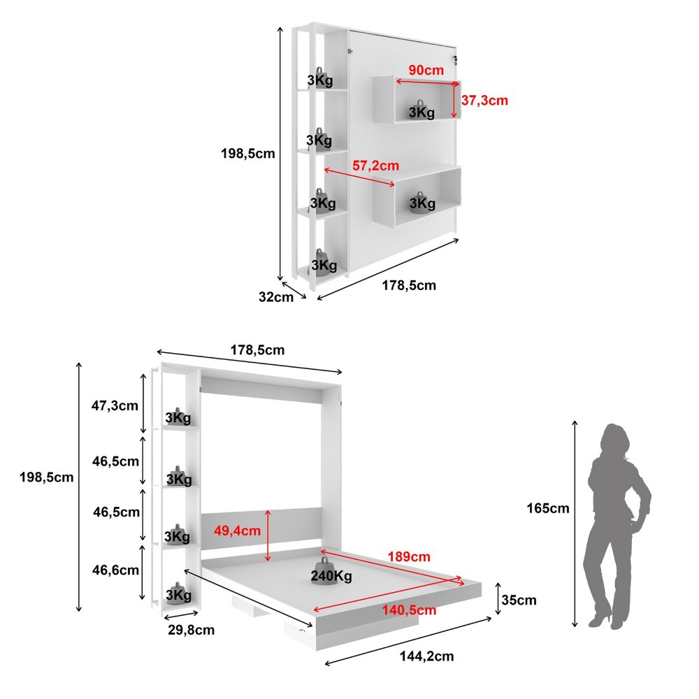 Cama Articulada Casal 193x178,5cm C/ Nichos e Prateleiras Branco Cm8014 Tecno Mobili - 7