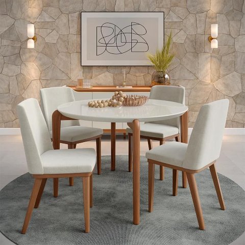 Conjunto de Jantar Mesa Redonda com Vidro Donatella 4 Cadeiras Kalina - Natural C/ Palha