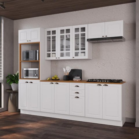 Armário de Cozinha Modulada Completa Fidelitá Nara 100% MDF 5 Peças 270cm 14 Portas 2 Gavetas com