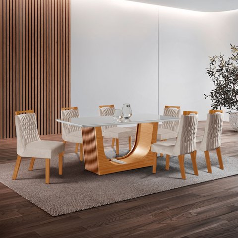 Conjunto de Jantar Mesa Maceió Tampo MDF e Vidro com 6 Cadeiras Atena Yescasa Bege/Castanho Cinamomo/Pena/Off White