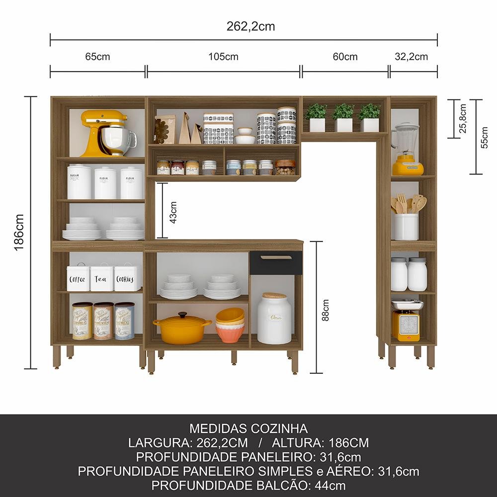 Armário de Cozinha Tieli 5 Peças Boreal/preto - Móveis Arapongas Boreal/preto Fosco - 3