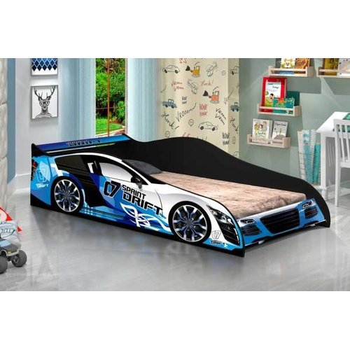 Cama infantil carro drift azul com colchao azul doce