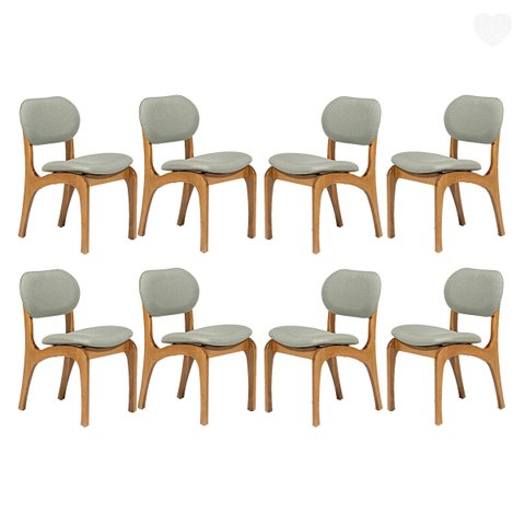 Kit 8 Cadeiras de Jantar Estofada Rafine Madeira Castanho Linho Verde