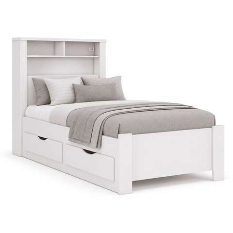 Cama Solteiro Invicta Multifuncional Baú 2 Gavetas Tomada 20A Prateleiras MDP - Branco