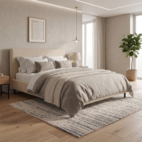 Cama de Casal One com Cabeceira Estofada Bege em Madeira de Eucalipto Bege