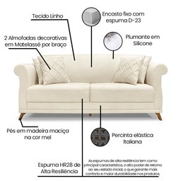 Kit 2 Poltronas e Sofá Living 2 Lugares 1,80m Vênus Linho Natural Pés Castanho - Pallazio - 6