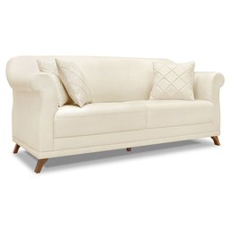 Kit 2 Poltronas e Sofá Living 2 Lugares 1,80m Vênus Linho Natural Pés Castanho - Pallazio - 3